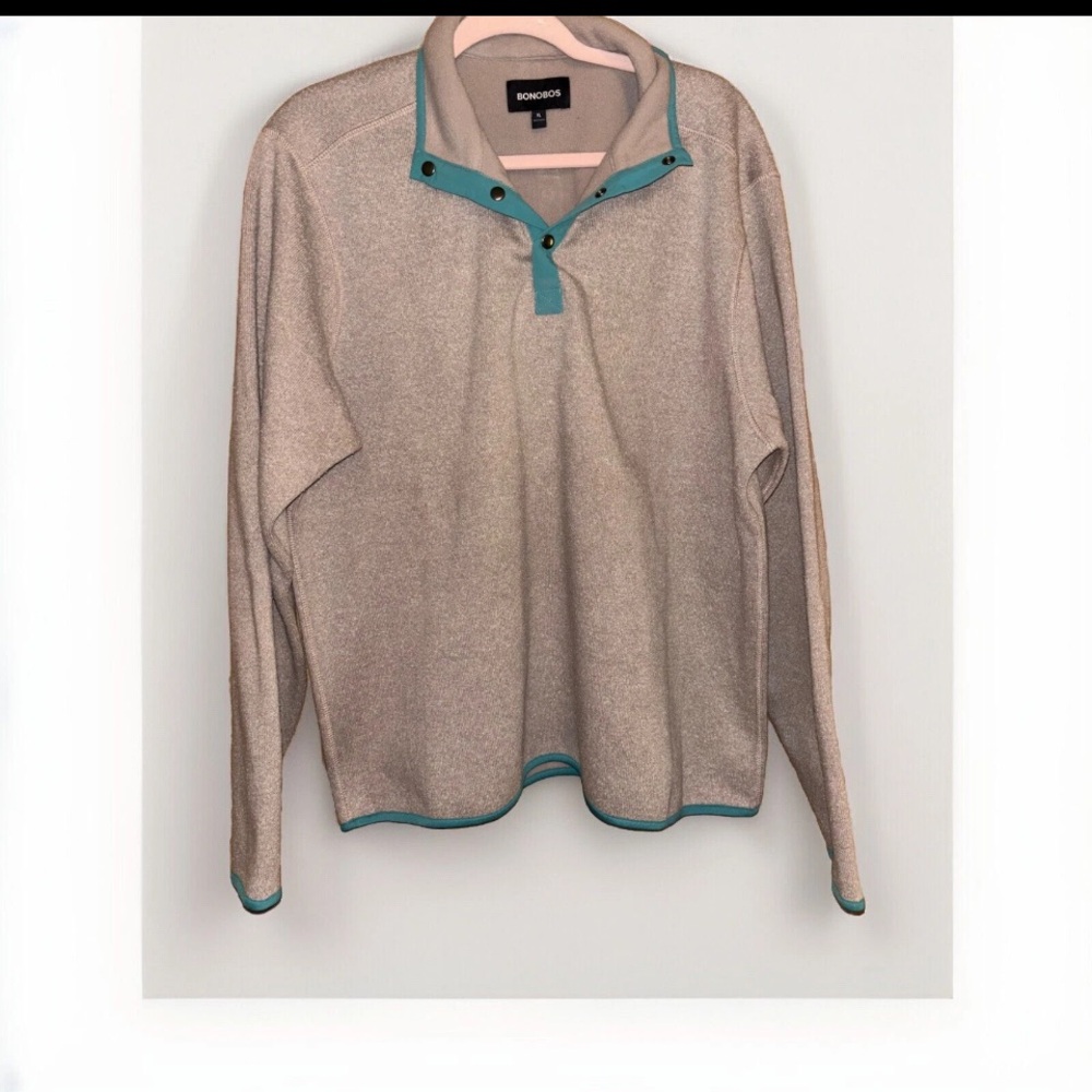 Bonobos Quarter 1/4 Button Sweater Tan Teal Pullover  Mock Neck  XL Long Sleeve